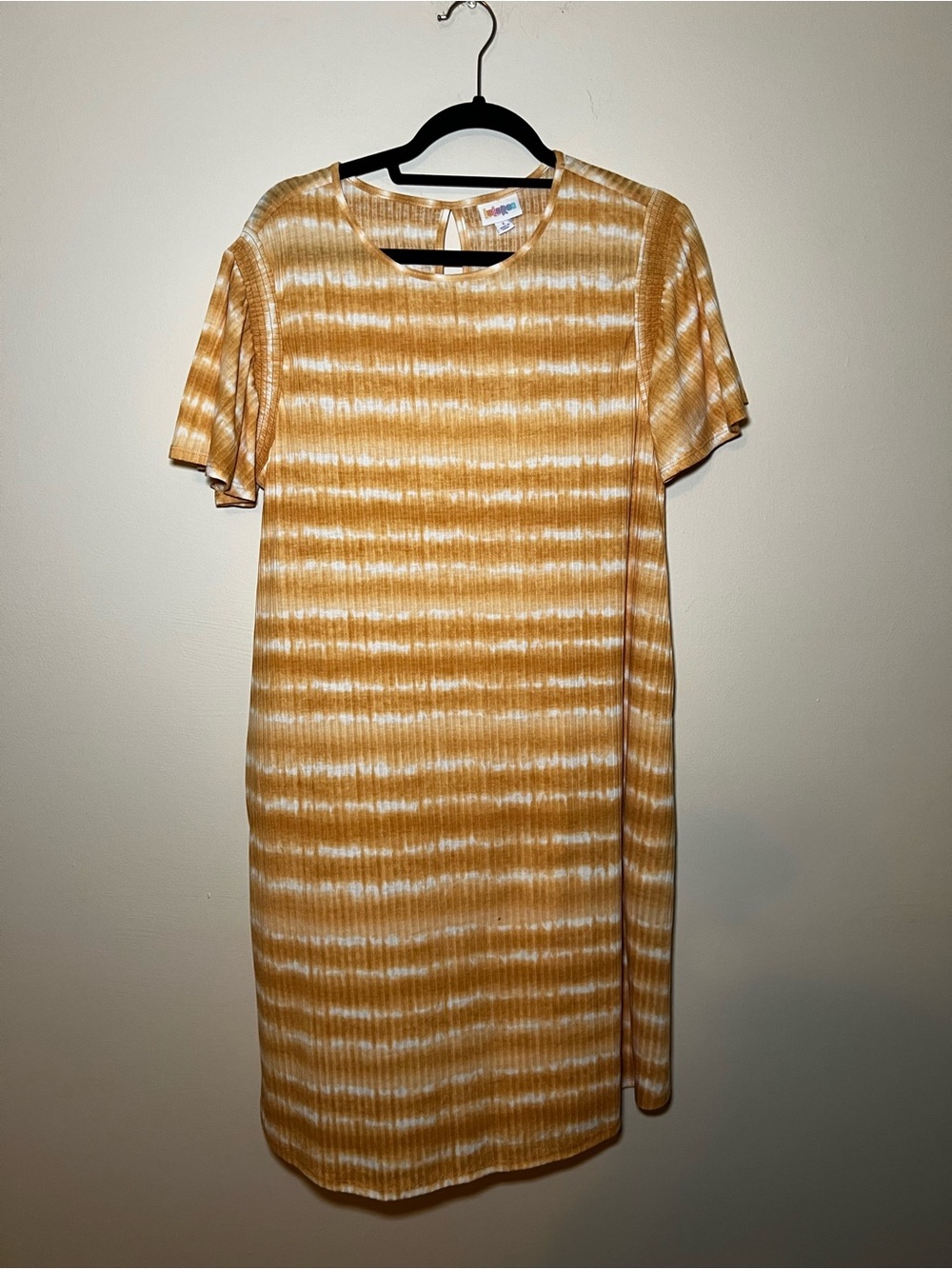 LuLaRoe Roselyn Smocked Flutter Sleeve Mustard and Cream Striped Midi Dress - Picture 1 of 5